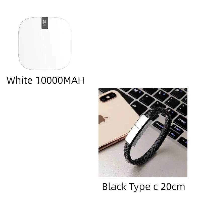 Black braided leather wristband with sleek silver usb type-c connector for 10000mah mini power with dual usb ports