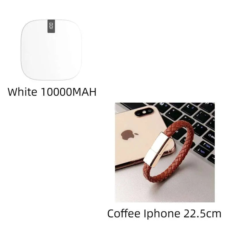 Brown braided leather magnetic charging wristband with rose gold clasp paired with 10000mah mini power bank with dual usb ports