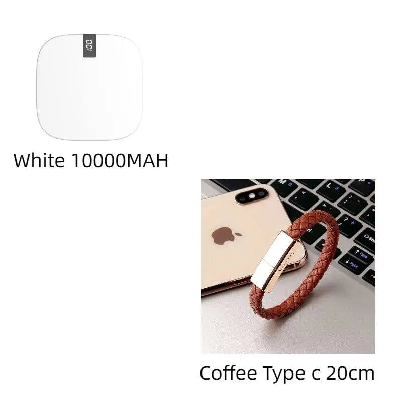 Brown braided leather magnetic charging cable with metallic connector for 10000mah mini power bank with dual usb ports