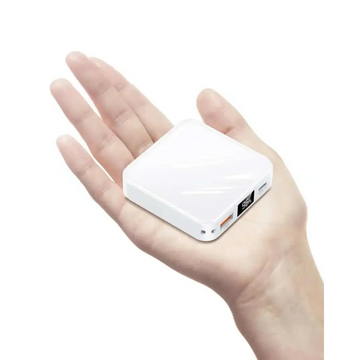 White rectangular 10000mah small power bank with glossy finish and usb ports supports 30w fast charging mobile power