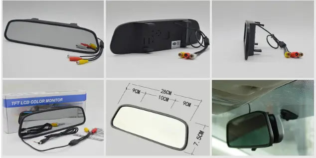 black rectangular rear view mirror with integrated camera and wiring shown from the back for 4.3 inch led rear view reversing camera system