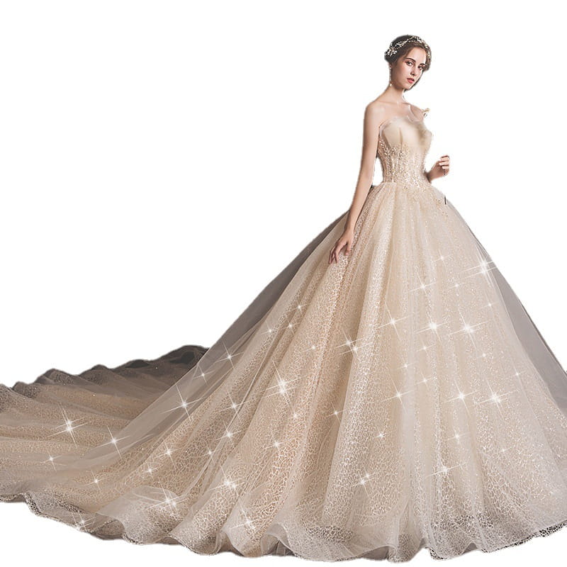 A shimmering champagne lace wedding gown for pregnant woman made of polyester fiber with intricate lace detailing and a flowing voluminous skirt as the main fabric.
