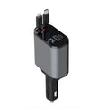 100w car phone charger in black and gray with dual usb ports, lightning connector, and digital voltage display