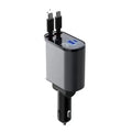 Black and silver 100w car phone charger with dual usb c ports usb a port and built-in retractable power adapter