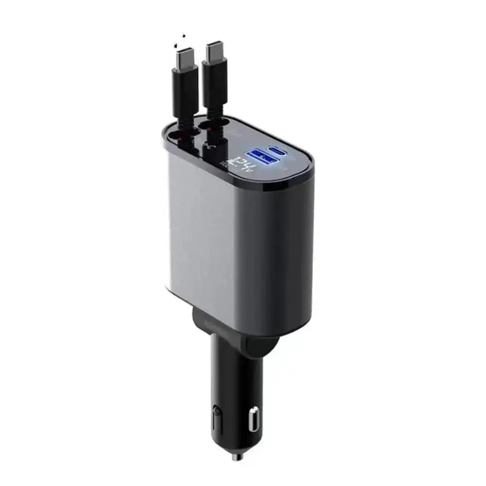 Black and silver 100w car phone charger with dual usb c ports usb a port and built-in retractable power adapter