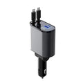 Black and silver 100w car phone charger with dual usb ports, lightning port, and sleek retractable design