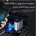 Silver and black 100w car phone charger with dual usb ports and apple 20wpd fast charging retractable car charger