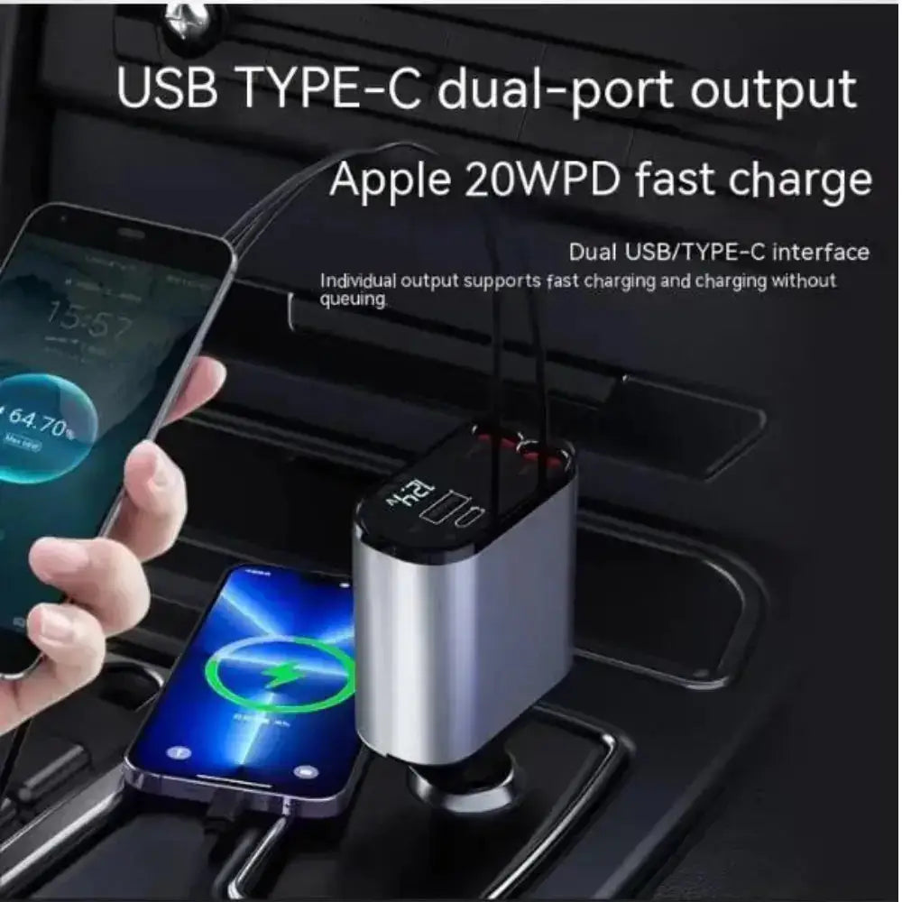 Silver and black 100w car phone charger with dual usb ports and apple 20wpd fast charging retractable car charger