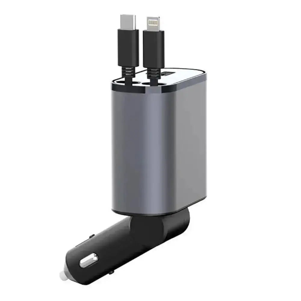 Silver and black 100w car phone charger with dual usb ports and retractable type-c and lightning cables