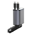 Silver and black 100w car phone charger with dual usb ports and retractable type-c and lightning cables