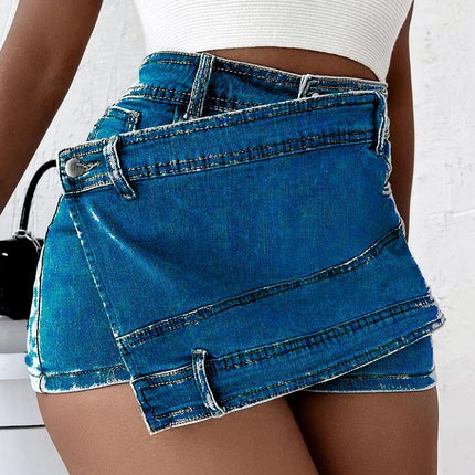 Y2K Street Vintage Denim Shorts Stretch Overlap Waist Wrap Solid Asymmetrical Hem A-Line Skinny Mini Skorts Skirt - Royalessencelux