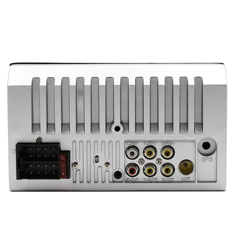 silver car audio receiver with brushed metal finish shown from the back side featuring multiple connectivity ports including rca jacks antenna input and gps port for 7 inch dual spindle vehicle mp5 phone interconnection supporting mobile phone interconnection and phone interconnection universal.
