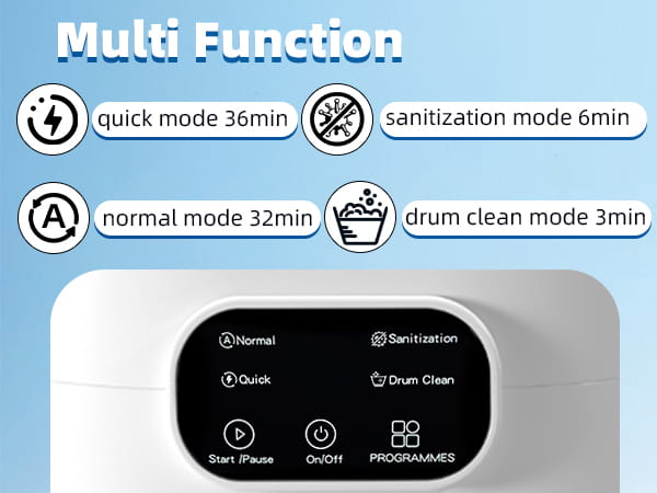 Portable white mini underwear washing machine with a sleek digital control panel featuring illuminated buttons for normal, quick, sanitization, and drum clean modes.