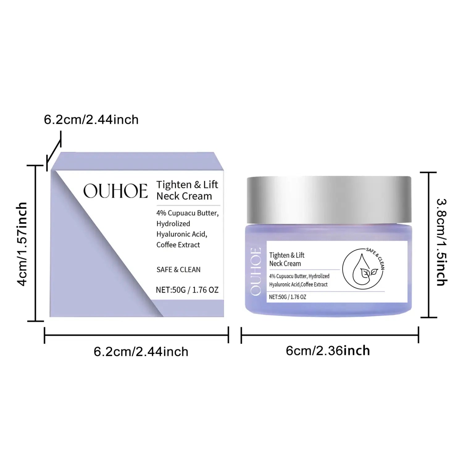 purple ouhoe anti-aging neck cream in a sleek jar with a silver lid and matching lavender and white box designed for neck cream smoothing and fine line reduction