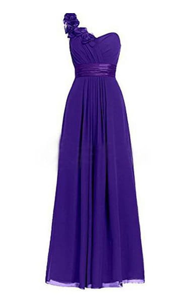 a flowing one-shoulder purple chiffon lavender multi colored slanted neck sleeveless maxi dress with a ruffled floral accent at the shoulder and a satin belt cinching the waist