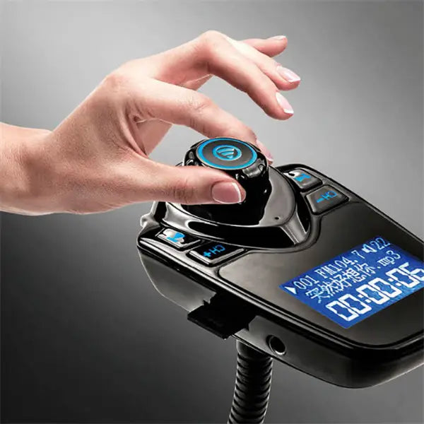 Black bluetooth player car adapter with flexible hose featuring a blue illuminated display and control dial for easy audio management.