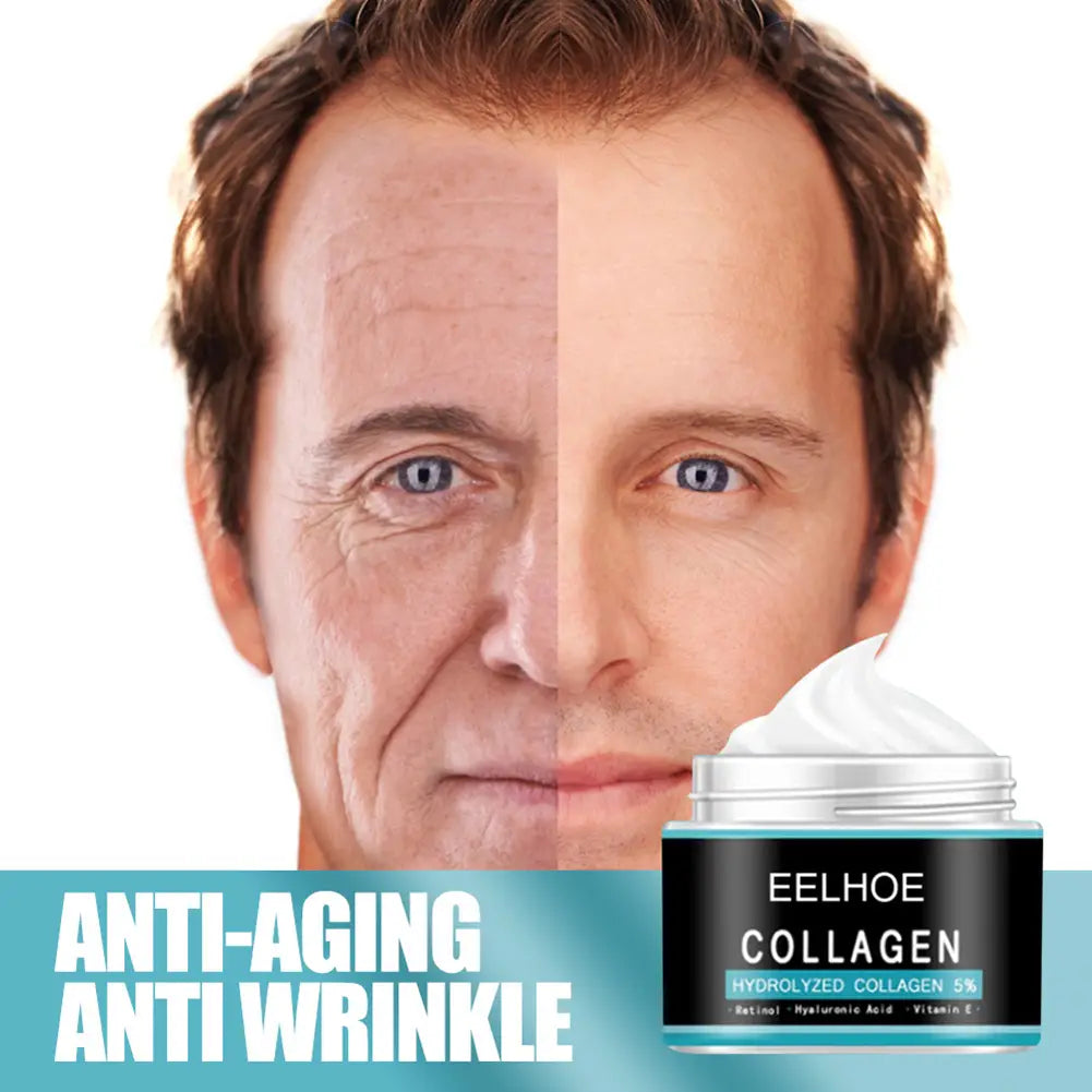 Eelhoe collagen anti-aging cream in a sleek black jar with silver lid featuring hyaluronic acid and vitamin e for moisturizing nourishing skin and wrinkle reduction in men’s moisturizing nourishing skin collagen cream.