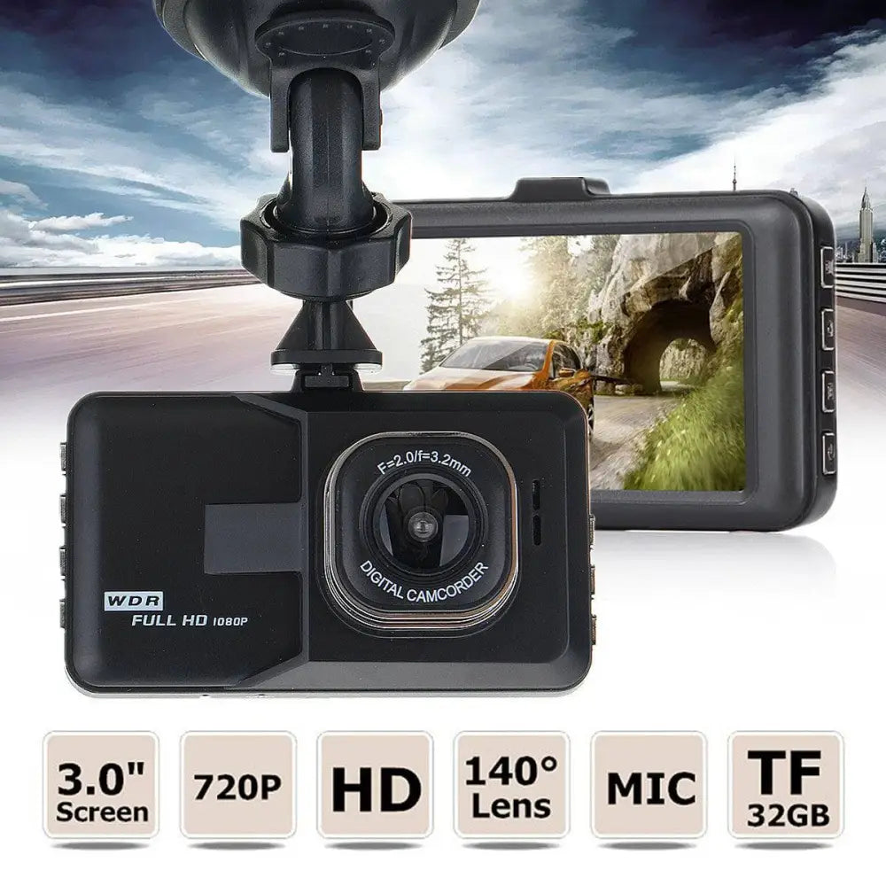 Black car driving recorder with 3.0 inch hd screen and 140 degree lens housing for wide angle capture and hd recording