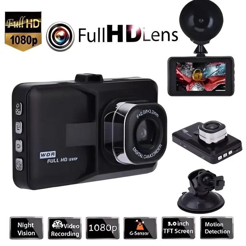 Black 1080p car driving recorder with sleek lens housing and 3.0 inch hd screen for clear video recording including night vision