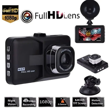 Black 1080p car driving recorder with sleek lens housing and 3.0 inch hd screen for clear video recording including night vision