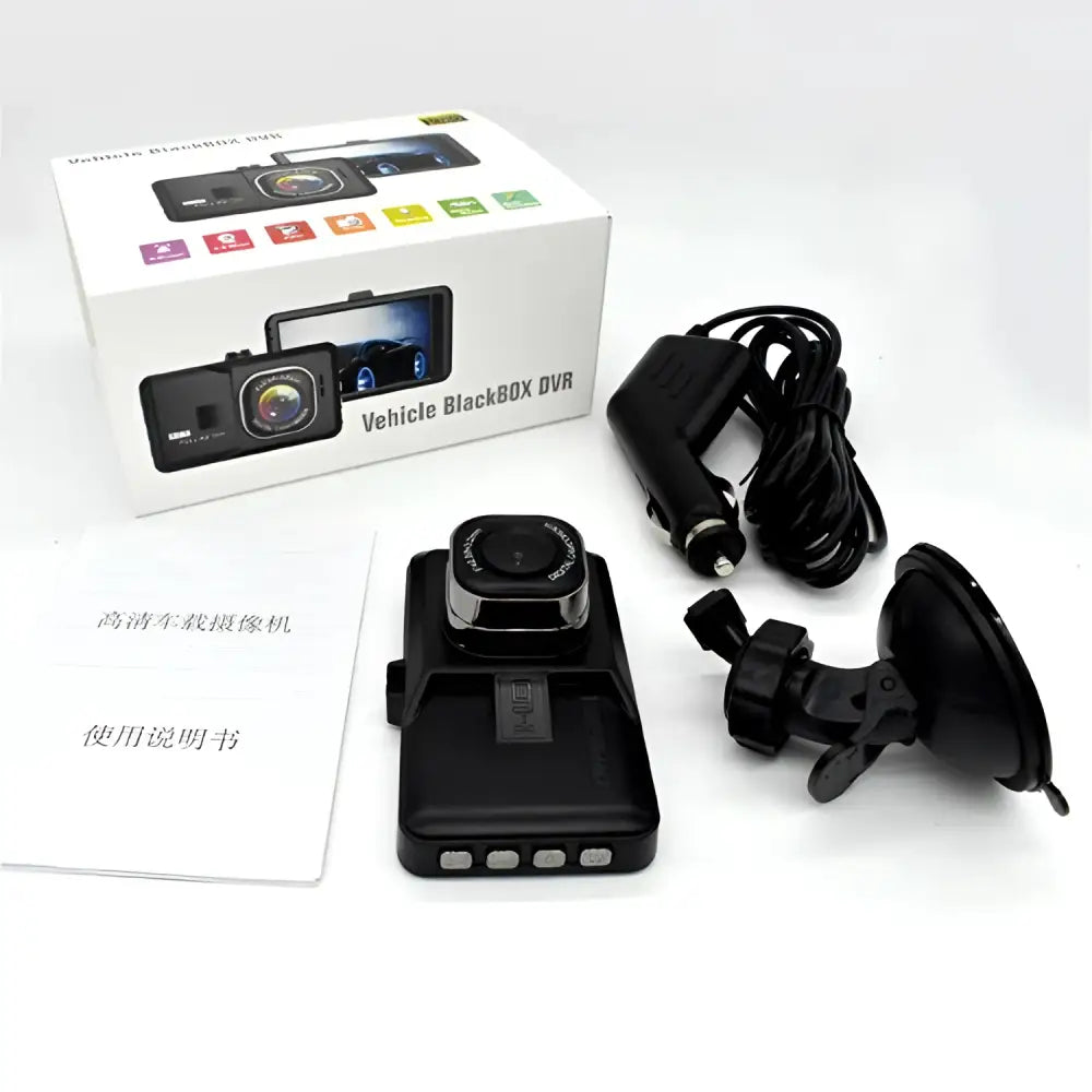 Black compact car driving recorder with 1080p lens housing and 3.0 inch hd screen with silver accents