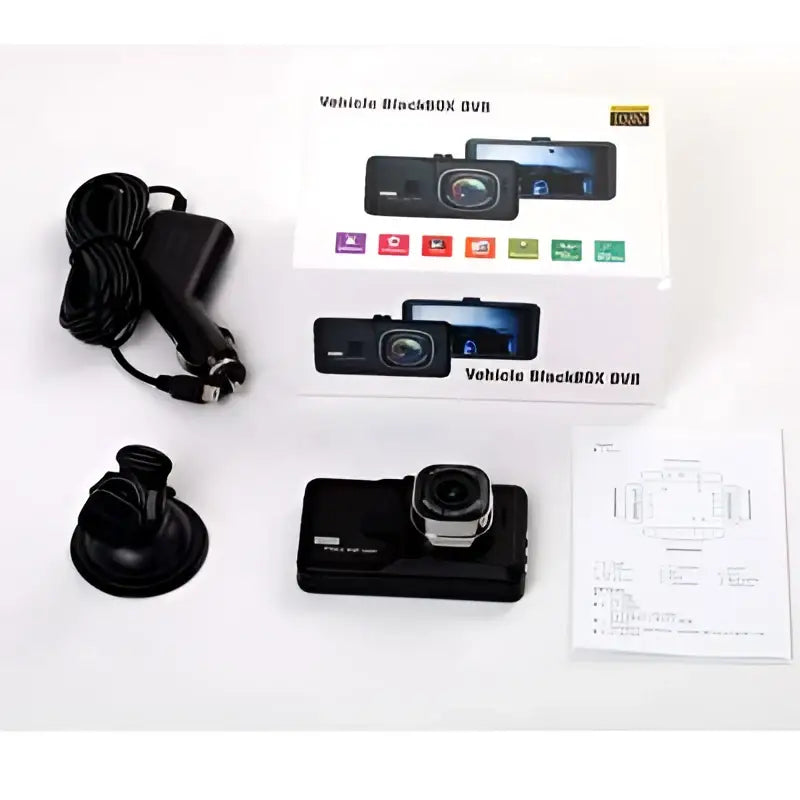 Black compact car driving recorder with silver lens housing and 3.0 inch hd screen for clear recording