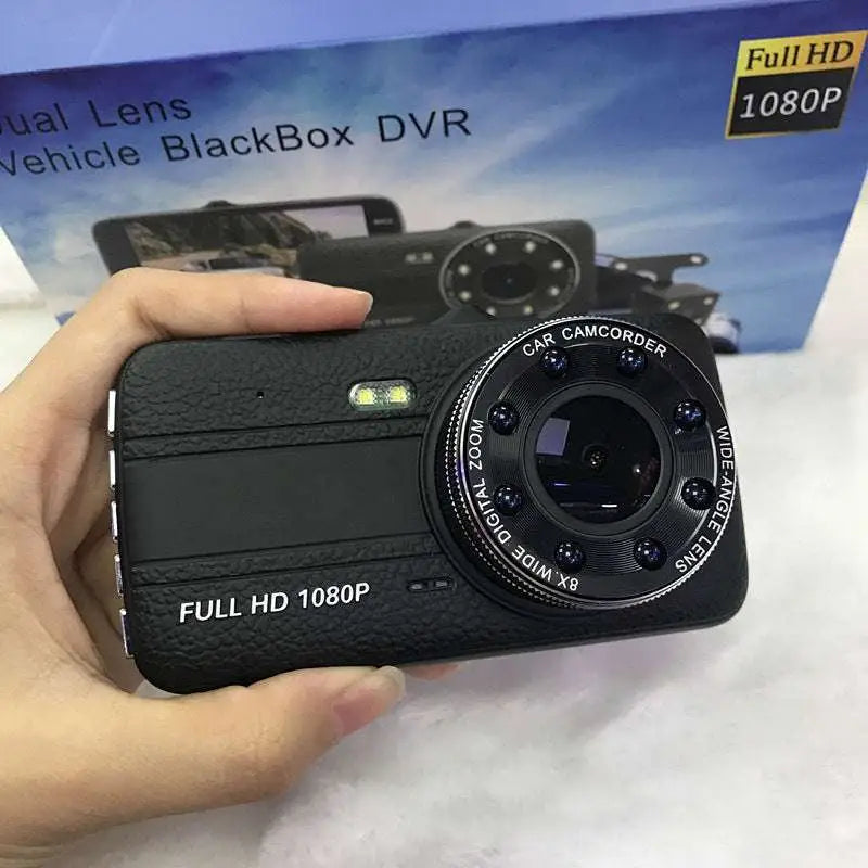 Black textured 1080p dual dash cam with separate rear camera designed for night vision driving and driving recorder use