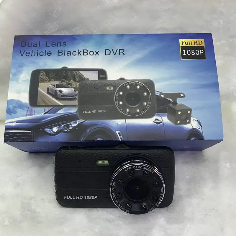 Black dual lens vehicle driving recorder dvr with textured surface and circular camera for 1080p dual dash night vision driving