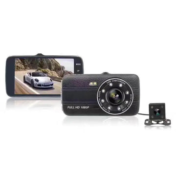 Black textured 1080p dual dash cam with separate rear camera designed for night vision driving and driving recorder use