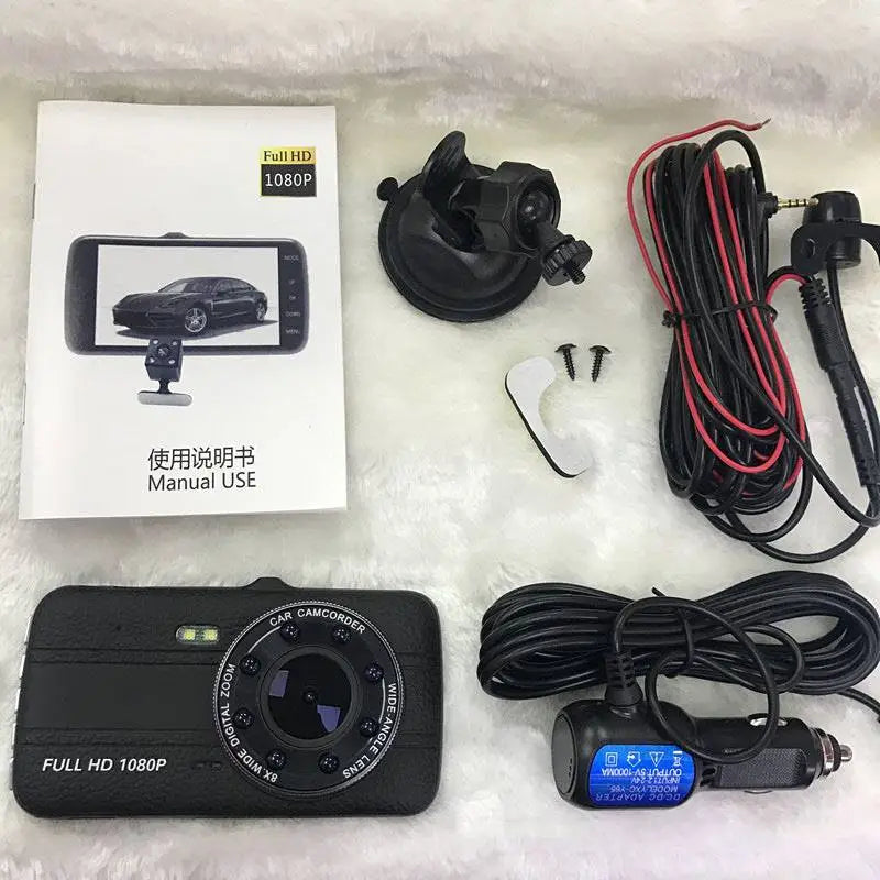 Black rectangular 1080p dual dash cam with circular lens housing for night vision driving and driving recorder use