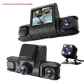 Black 1080p dual dashcam with built-in screen displaying four-camera views and rear car reversing feature