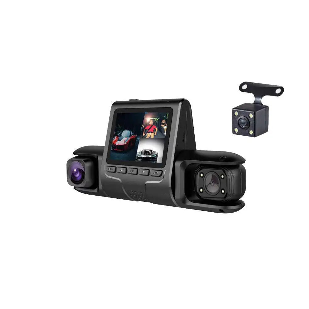 Black 1080p dual dashcam with 3.5-inch screen and rear car reversing camera featuring display three recording