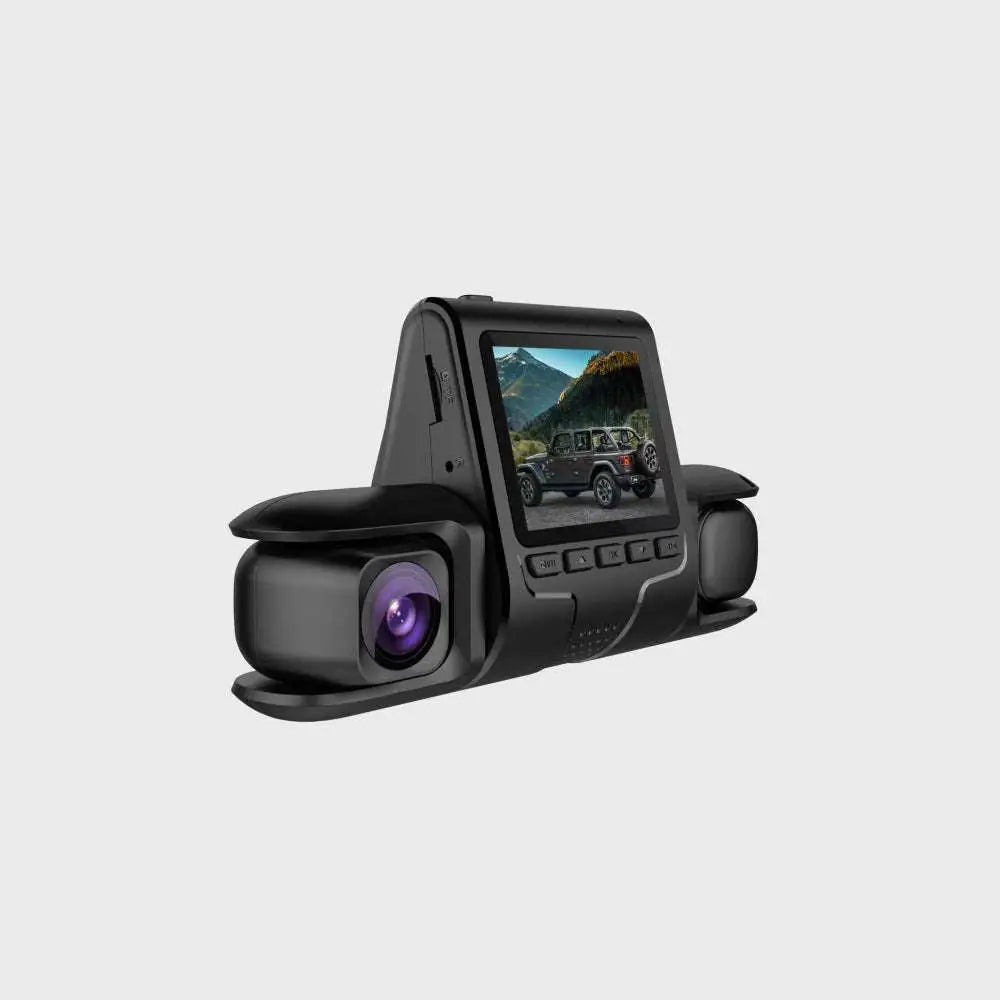Black 1080p dual dashcam with built-in touchscreen display showing rear car reversing and three recording views
