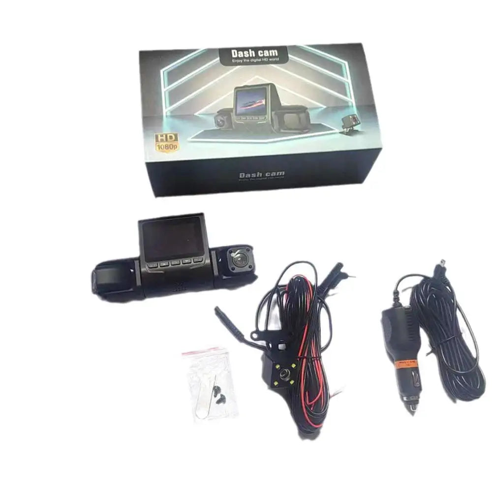 Black 1080p dual dashcam with built-in touchscreen display showing rear car reversing and three recording views