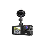 Black 1080p dual lens dash cam with suction cup mount and small screen displaying a car on the road