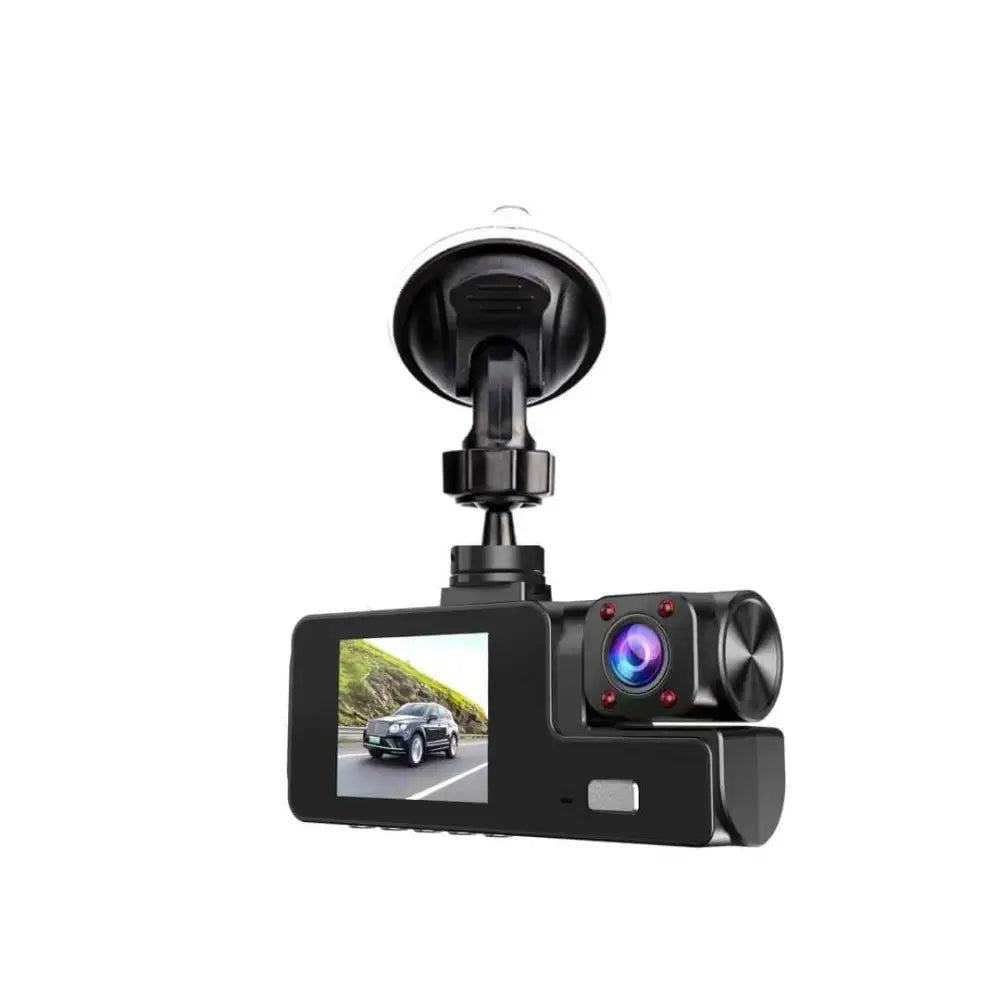 Black 1080p dual lens dash cam with suction cup mount and small screen displaying a car on the road
