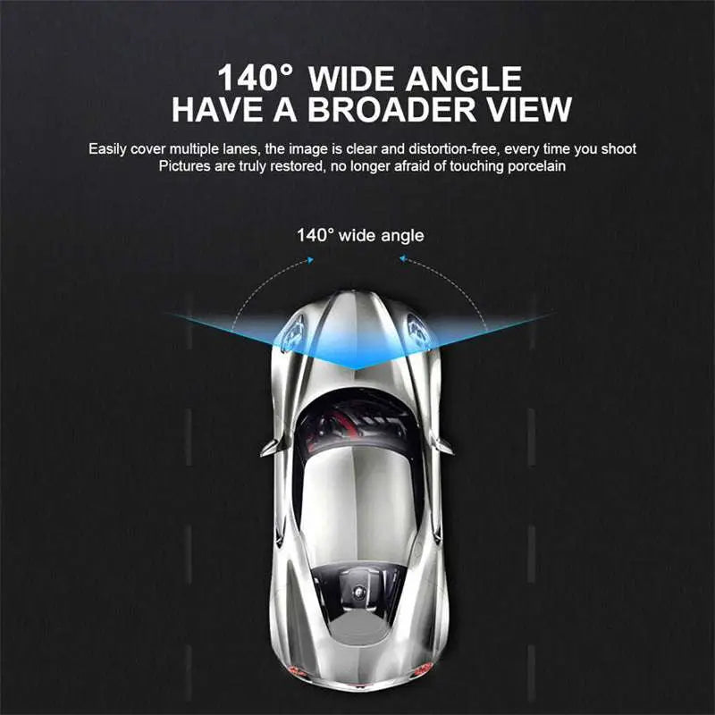 Silver metallic 1080p dual lens dash cam with 140 degree wide angle lens and suction cup mount for cars