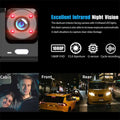 Black 1080p dual lens dash cam with red infrared leds circular lens f2.0 aperture and suction cup mount for night vision