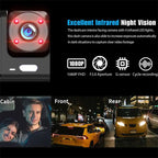 Black 1080p dual lens dash cam with red infrared leds circular lens f2.0 aperture and suction cup mount for night vision