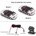 Black rectangular rear camera with mounting bracket and wiring bundle for 1080p dual lens dash suction cup mount use