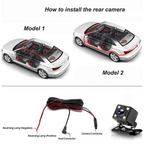 Black rectangular rear camera with mounting bracket and wiring bundle for 1080p dual lens dash suction cup mount use