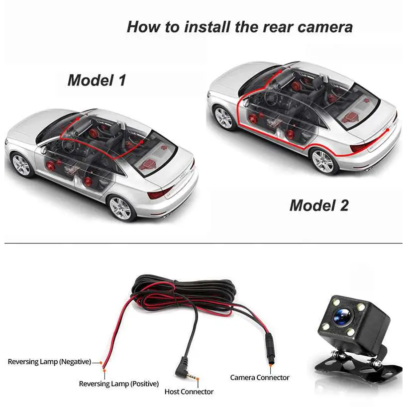 Black rectangular rear camera with mounting bracket and wiring bundle for 1080p dual lens dash suction cup mount use