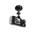 Black 1080p dual lens dash cam with suction cup mount and small screen displaying car on the road