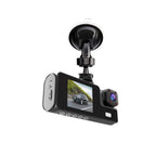 Black 1080p dual lens dash cam with suction cup mount and small screen displaying car on the road