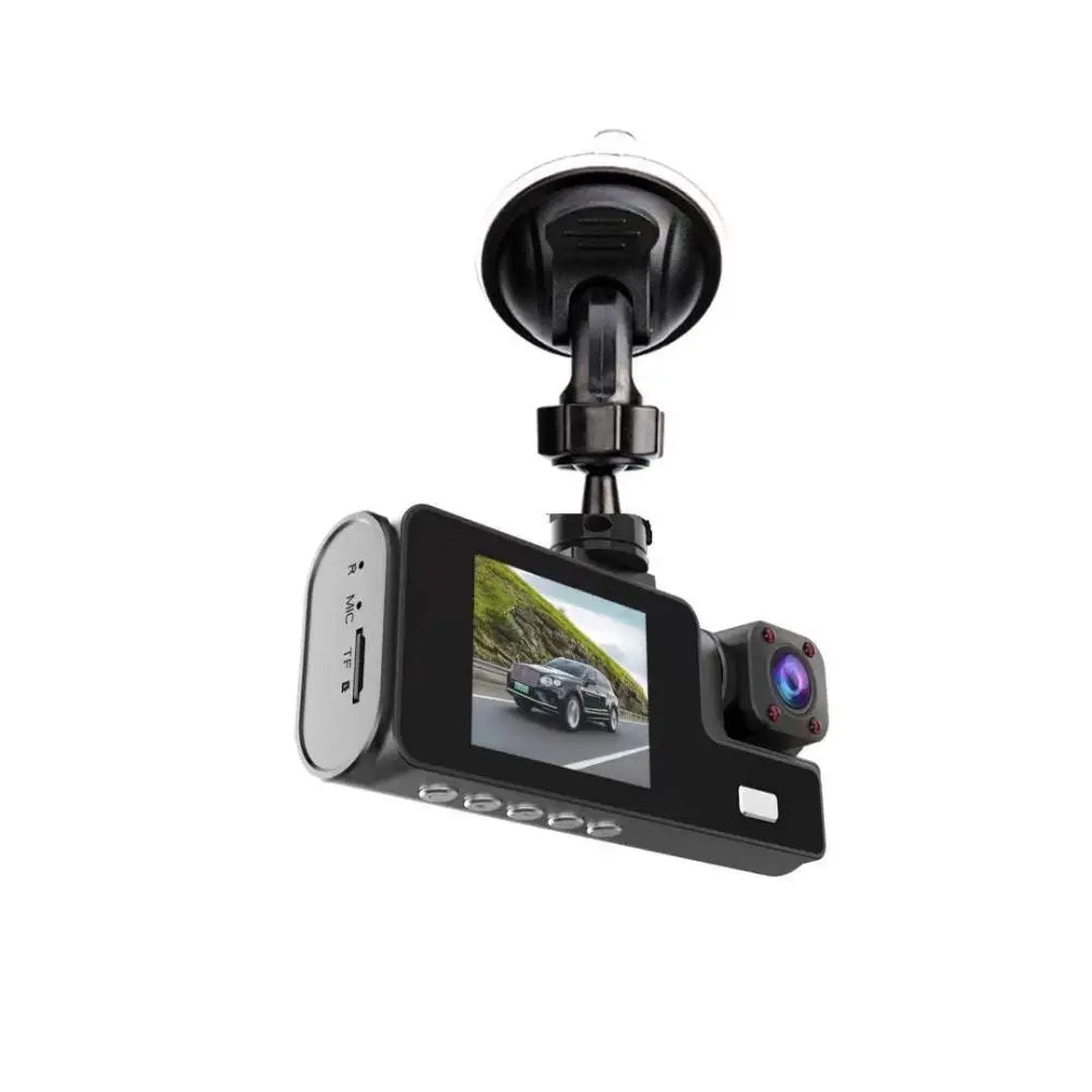 Black 1080p dual lens dash cam with suction cup mount and small screen displaying car on the road