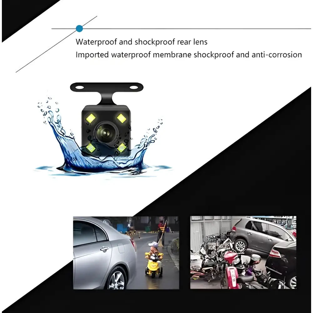 Black waterproof and shockproof rear camera lens with yellow indicator lights for 1080p dual lens dash cam suction cup mount