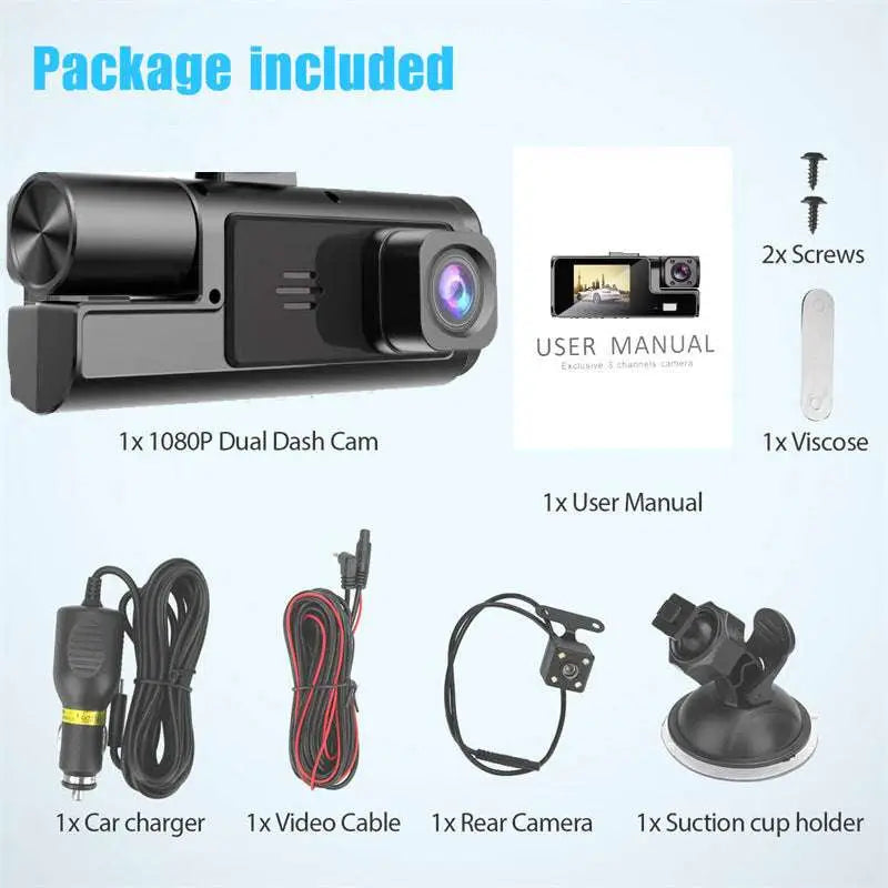 Black 1080p dual lens dash cam with sleek cylindrical body and suction cup mount for video recording