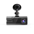 Black rectangular 1080p dual lens dash cam with suction cup mount and lens showing purple and blue reflections