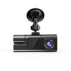 Black rectangular 1080p dual lens dash cam with suction cup mount and lens showing purple and blue reflections