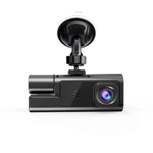 Black rectangular 1080p dual lens dash cam with suction cup mount and lens showing purple and blue reflections